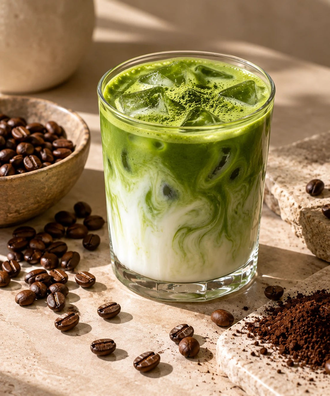 Matcha café glacé au lait dans un verre, avec des grains de café