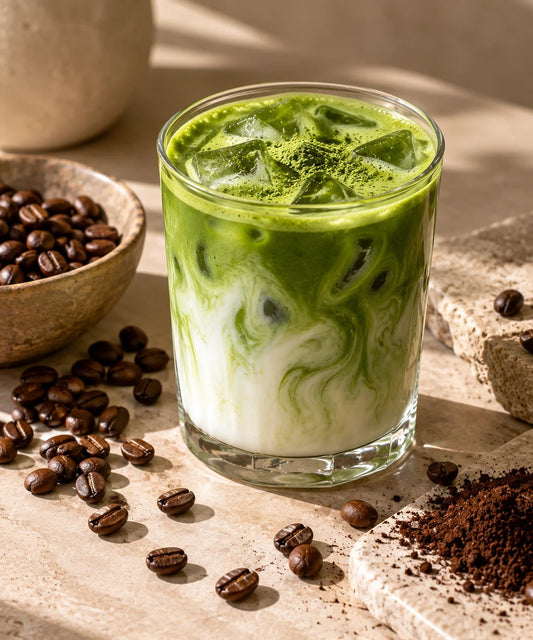 Matcha café glacé au lait dans un verre, avec des grains de café