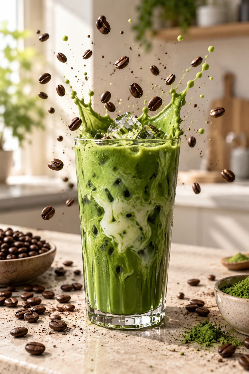 Mrożona Matcha Kawa z mlekiem rozpryskująca się, otoczona ziarnami kawy